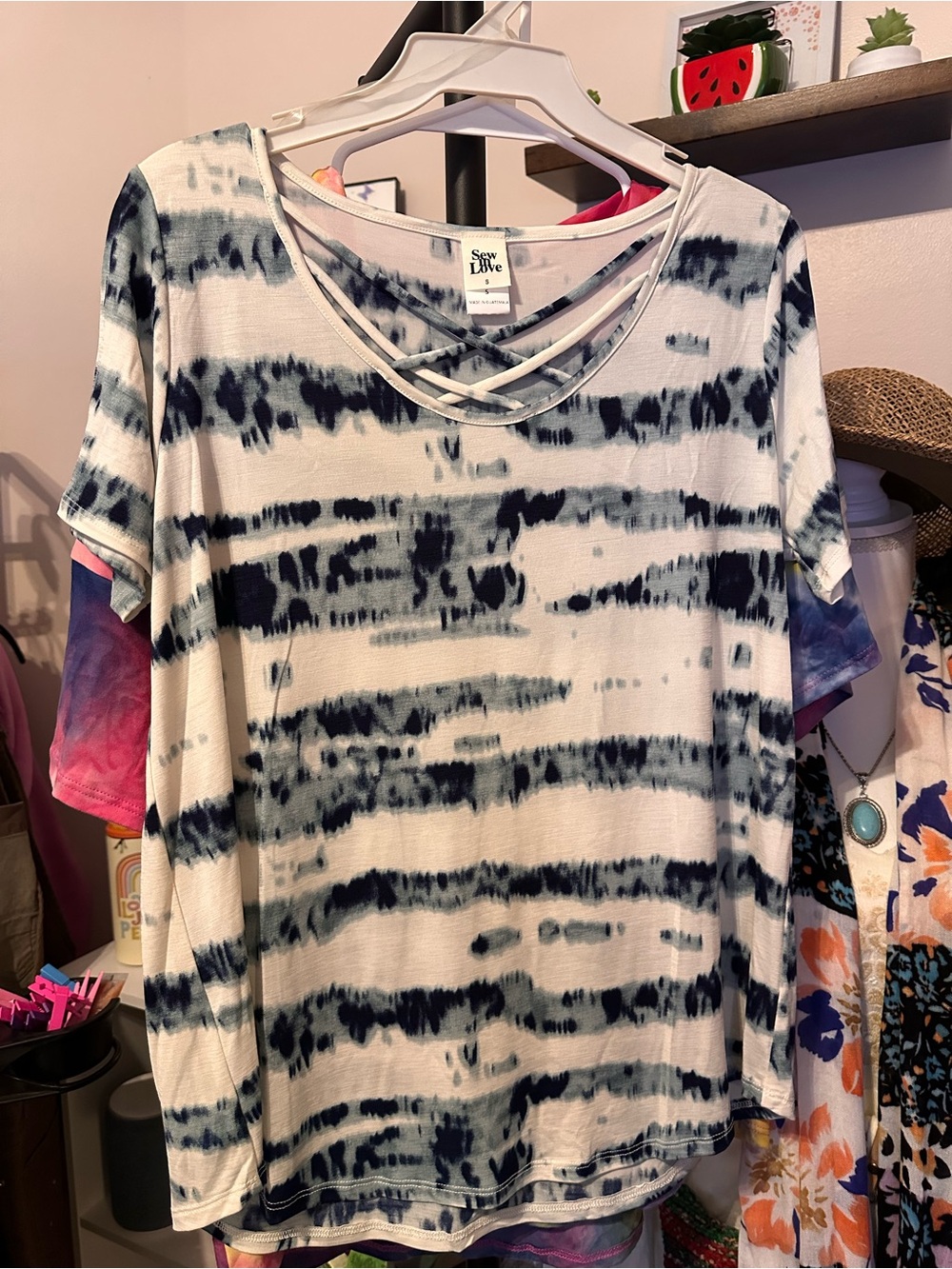 Sew In Love Navy and White Tie-Dye Crisscross Short Sleeve Top